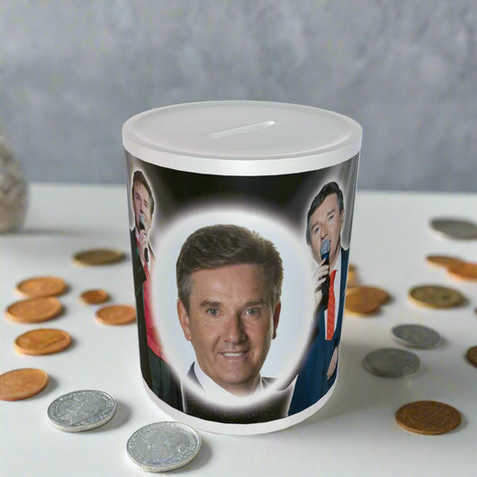 Money box with a printed design of a man's face on a white background