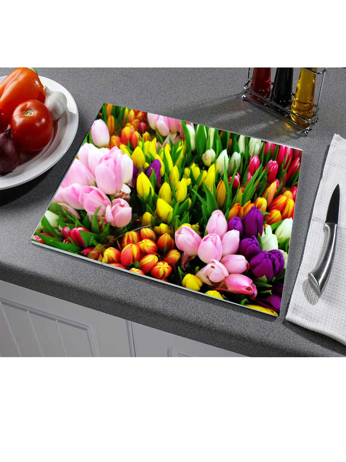 Beautiful Tulip Flowers Toughened Glass Heat Resistant Worktop Saver Cutting and Chopping Board Gift