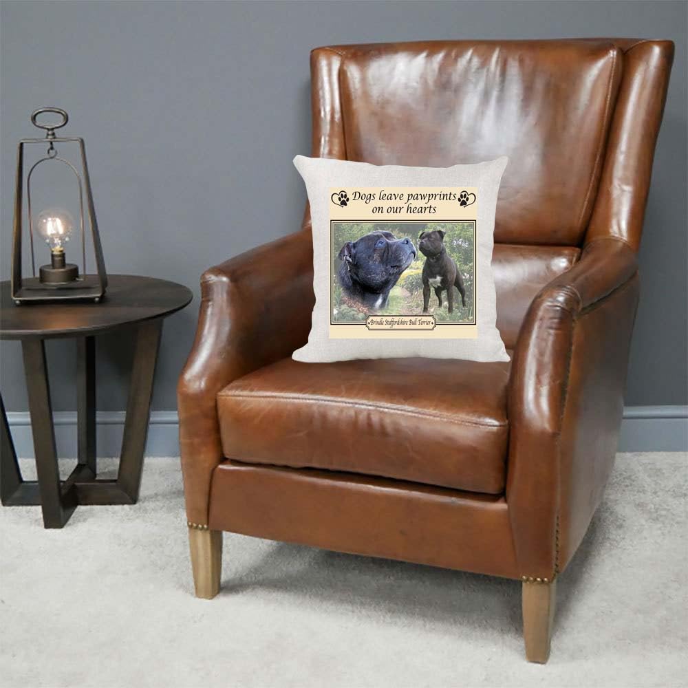 Brindle Staffordshire Bull Terrier Staffy Dogs Leave Pawprints on our Hearts Country Canvas Style Cushion Cover Gift