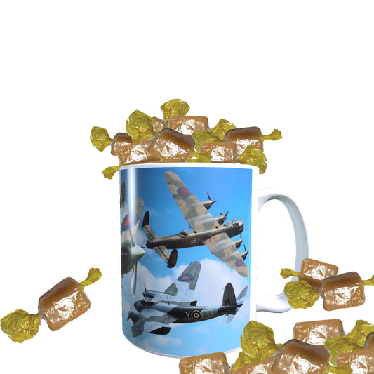 VE Day Battle of Britain WWII Iconic War Planes Spitfire Lancaster Mug with Choice of Sweets Gift