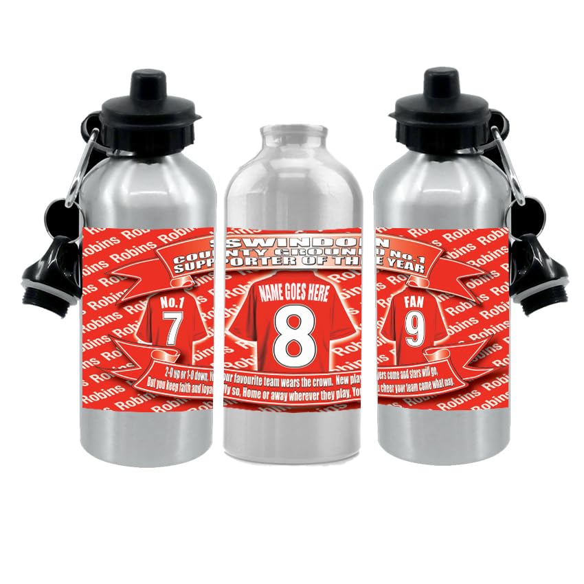 Swindon Personalised Football Shirt Silver Aluminium Two Lid Unisex Water Bottle Gift