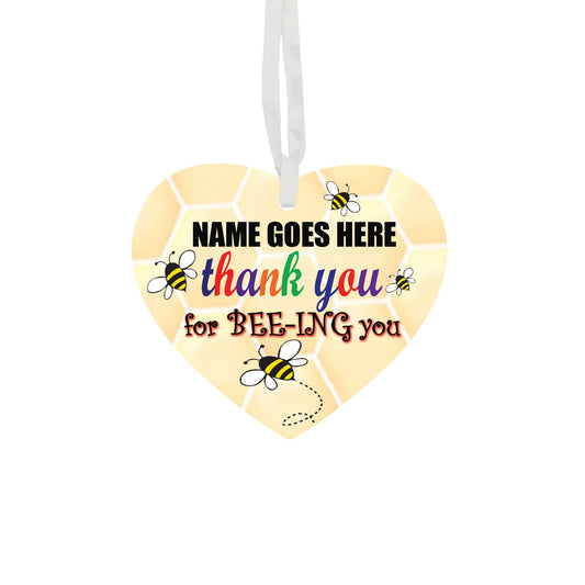 Thank You For BEE-ING You Personalised Multicoloured Text Hanging Heart Any Occasion Valentine's Day Ceramic Keepsake Gift With Honeycomb Background