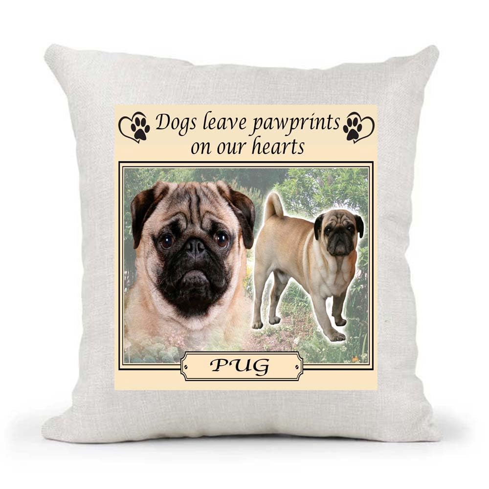 Pug Dogs Leave Pawprints on our Hearts Country Canvas Style Cushion Cover Gift