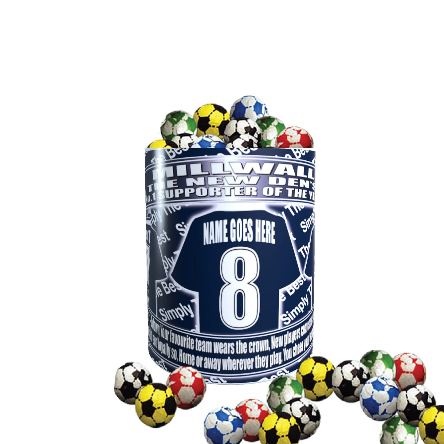 Millwall Football Team Shirt Personalised Gift Mug with Chocolate Footballs