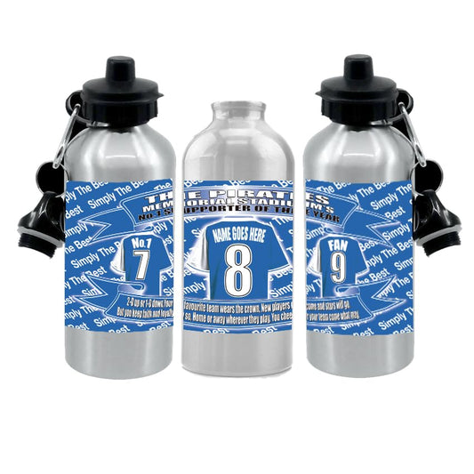 Three silver water bottles with blue labels featuring numbers and text on a white background.