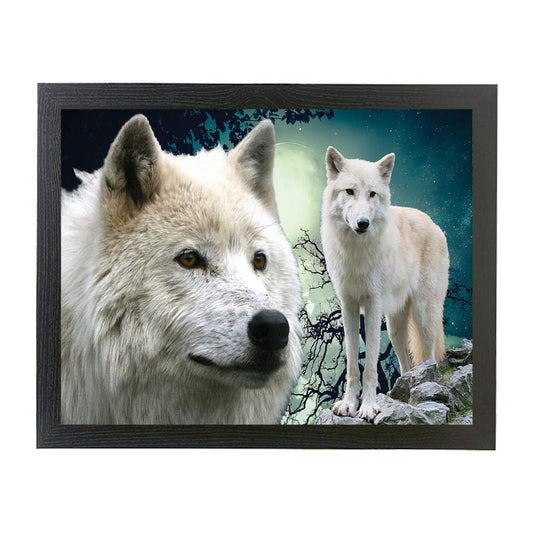 White Wolves Wolf on the rocks in a dark night time evening scene framed picture gift