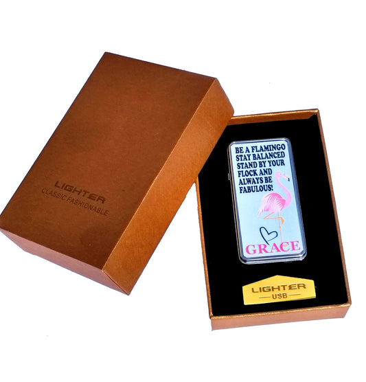 Fabulous Flamingo Personalised Rechargeable Gift Boxed Silver Metal USB Lighter Wedding Favour