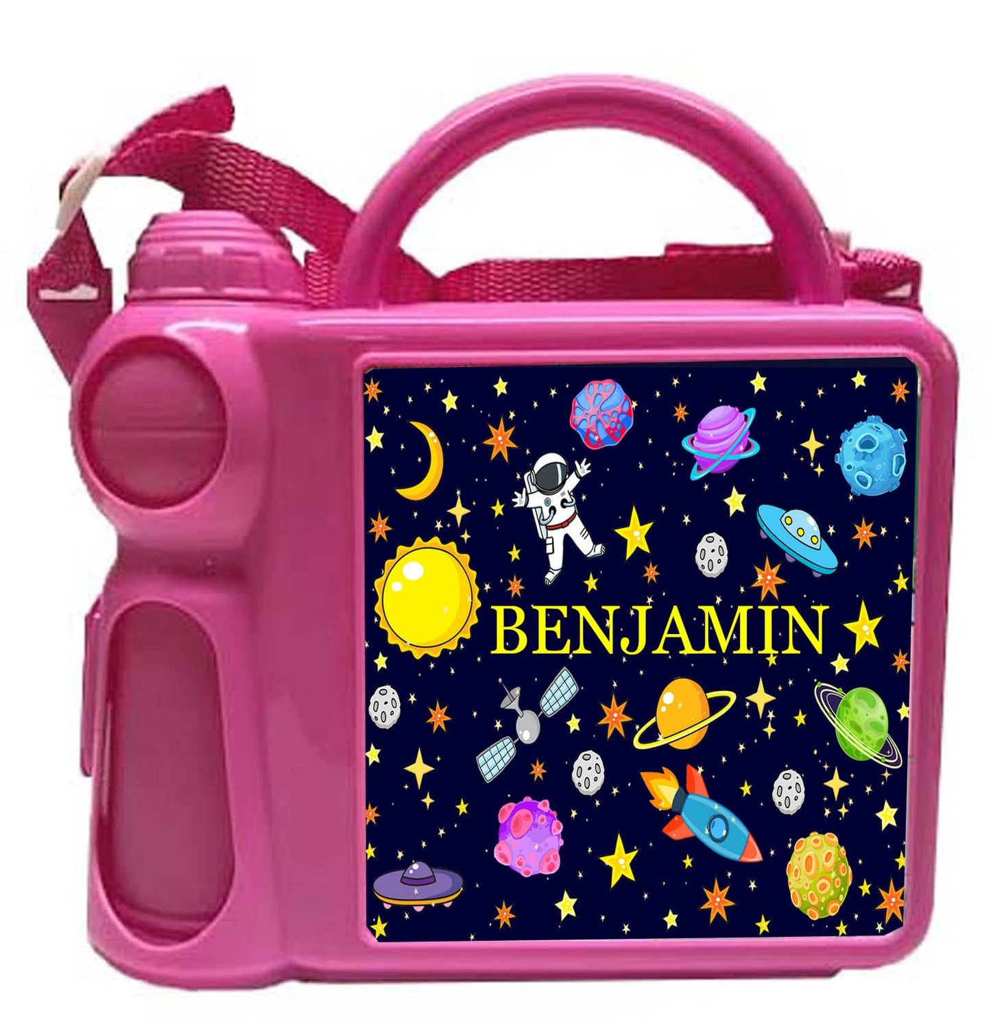 Junior Space Themed Personalised Design Plastic Lunch Box and Water Bottle Back to School Gift Set Available in Choice of 2 Colours