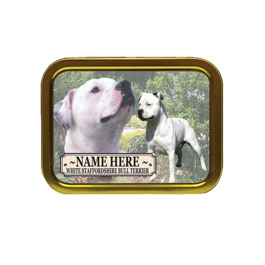 White Staffordshire Bull Terrier Staffy Dog Breed Personalised Tobacco Tin & Products Gift Set