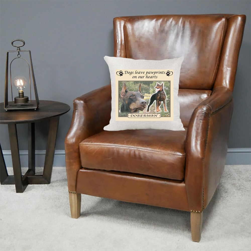 Doberman Dogs Leave Pawprints on our Hearts Country Canvas Style Cushion Cover Gift