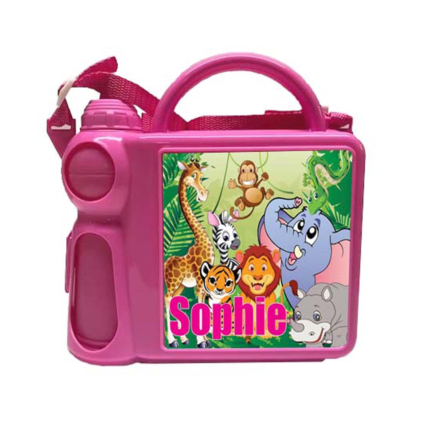 Personalised Safari Jungle Animals Plastic Lunch Box and Water Bottle Back to School Gift Set