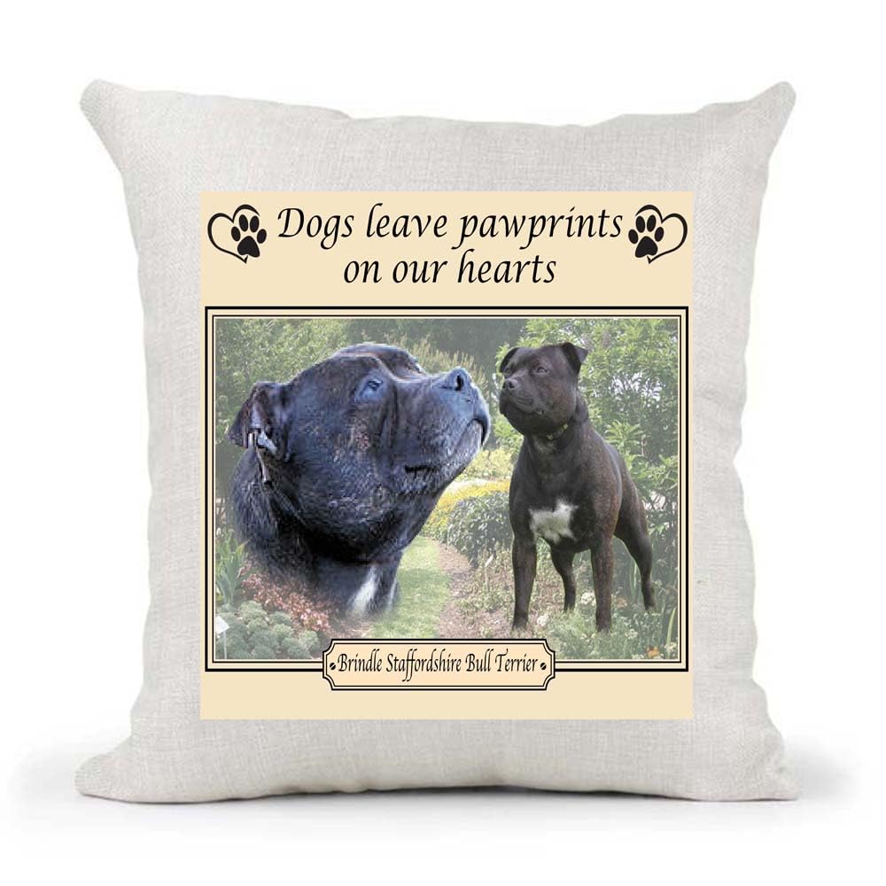 Brindle Staffordshire Bull Terrier Staffy Dogs Leave Pawprints on our Hearts Country Canvas Style Cushion Cover Gift
