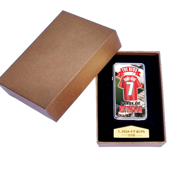 Lighter with a red shirt design in a brown box on a white background