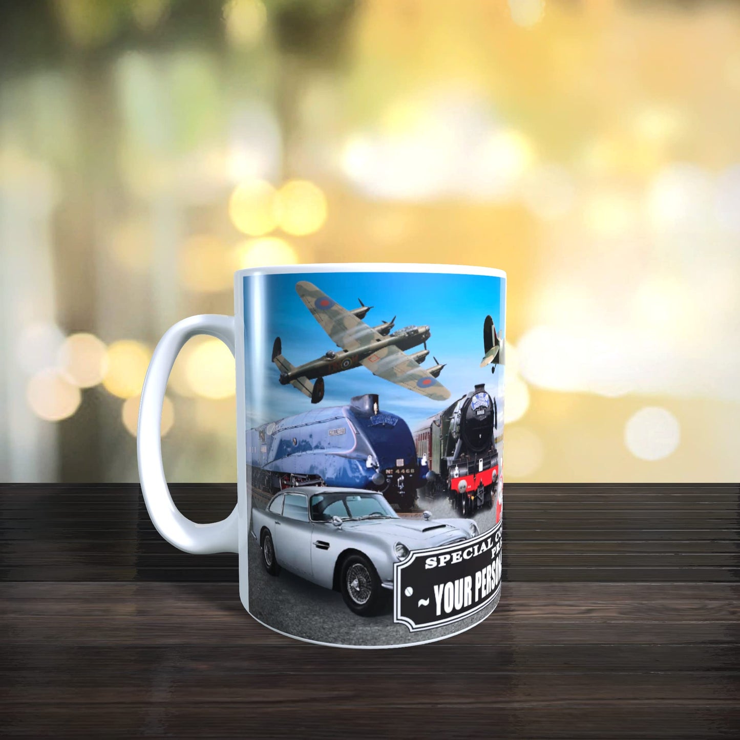 Planes Trains and Automobiles Classic Car Icons Personalised Mug with Choice of Sweets Gift