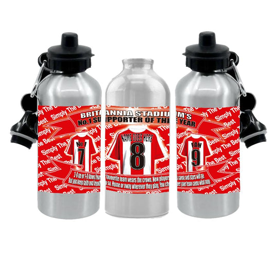 Personalised Stoke United Water Bottle - Football Shirt - Silver Aluminium Two Lids - Unisex Gift