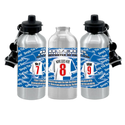 Blackburn Personalised Football Shirt Water Bottle - Silver Aluminium - Two Lids - Unisex Gift