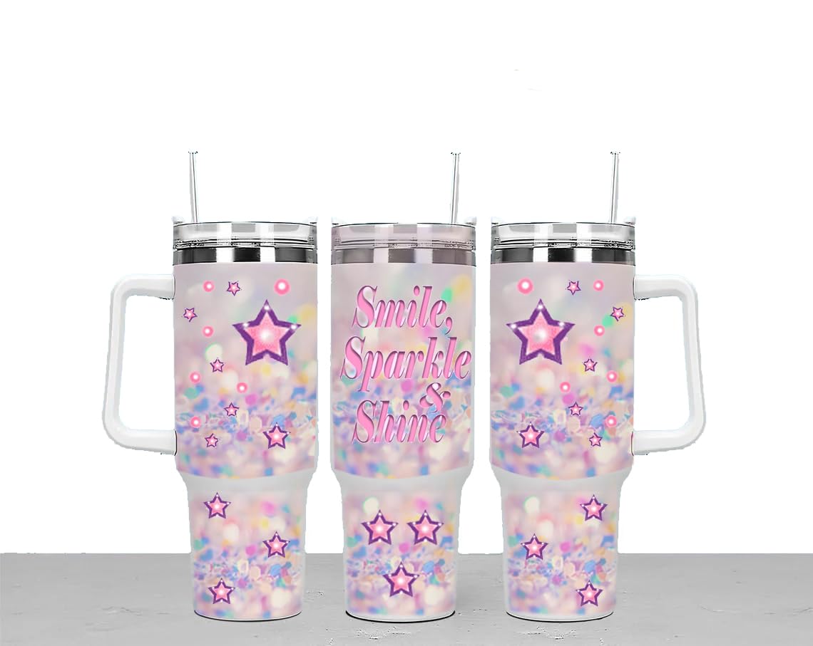 Smile & Sparkle Large Unisex 40oz Stainless Steel Travel Cup Tumbler Gift with Carry Handle, Lid and Straw