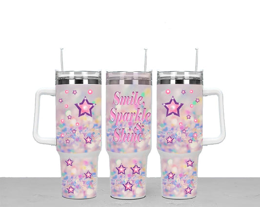 Smile & Sparkle Large Unisex 40oz Stainless Steel Travel Cup Tumbler Gift with Carry Handle, Lid and Straw