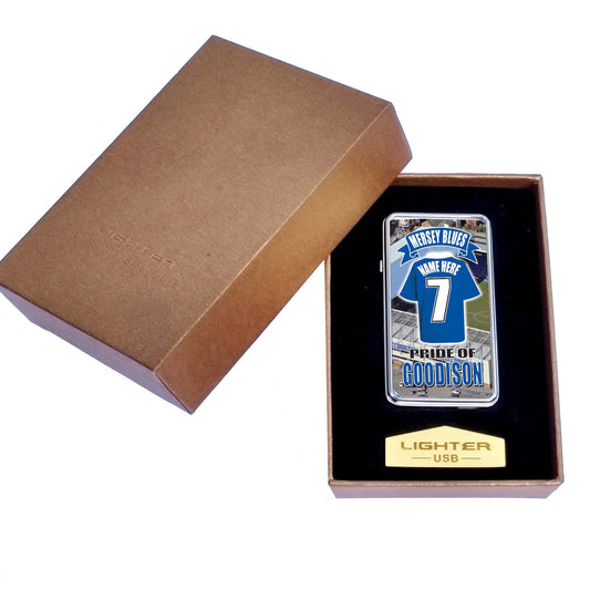 The People's Club Personalised Football Shirt Rechargeable Gift Boxed Silver Metal USB Lighter Team-Everton, 70mm x 38mm x 11mm