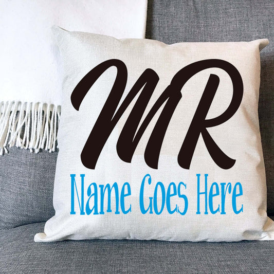 Mr Personalised Naturally Woven Linen Style Cushion Cover Pillow Gift Available in Choice Of Print Colours Available