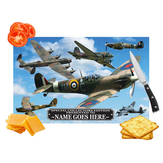 British WWII Iconic War Planes Personalised Toughened Glass Heat Resistant Worktop Saver Cutting and Chopping Board Gift