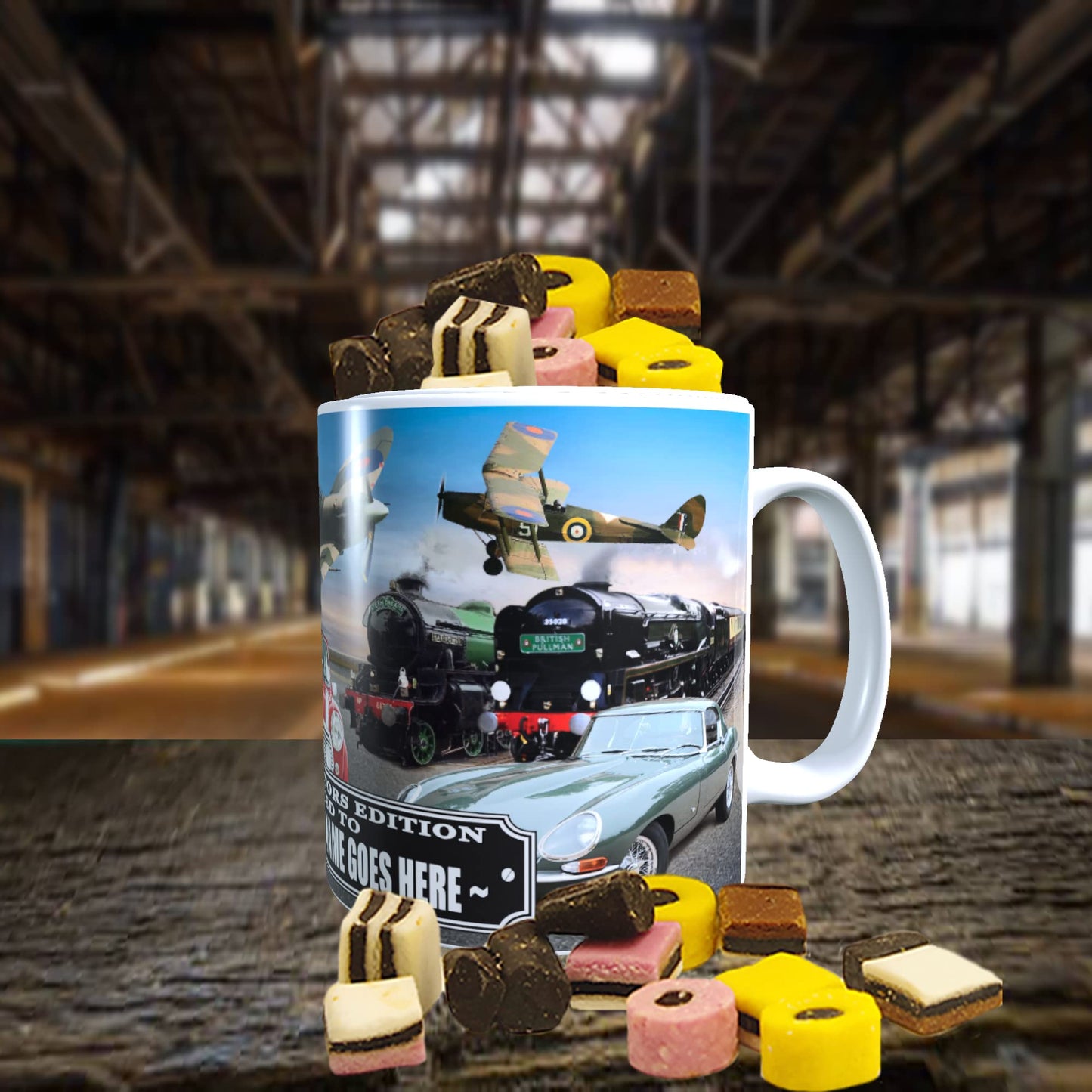Planes Trains and Automobiles Classic Car Icons Personalised Mug with Choice of Sweets Gift