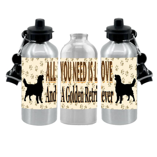 Golden Retriever Water Bottle - All You Need Is Love - Silver Aluminium - Two Lids - Unisex Gift