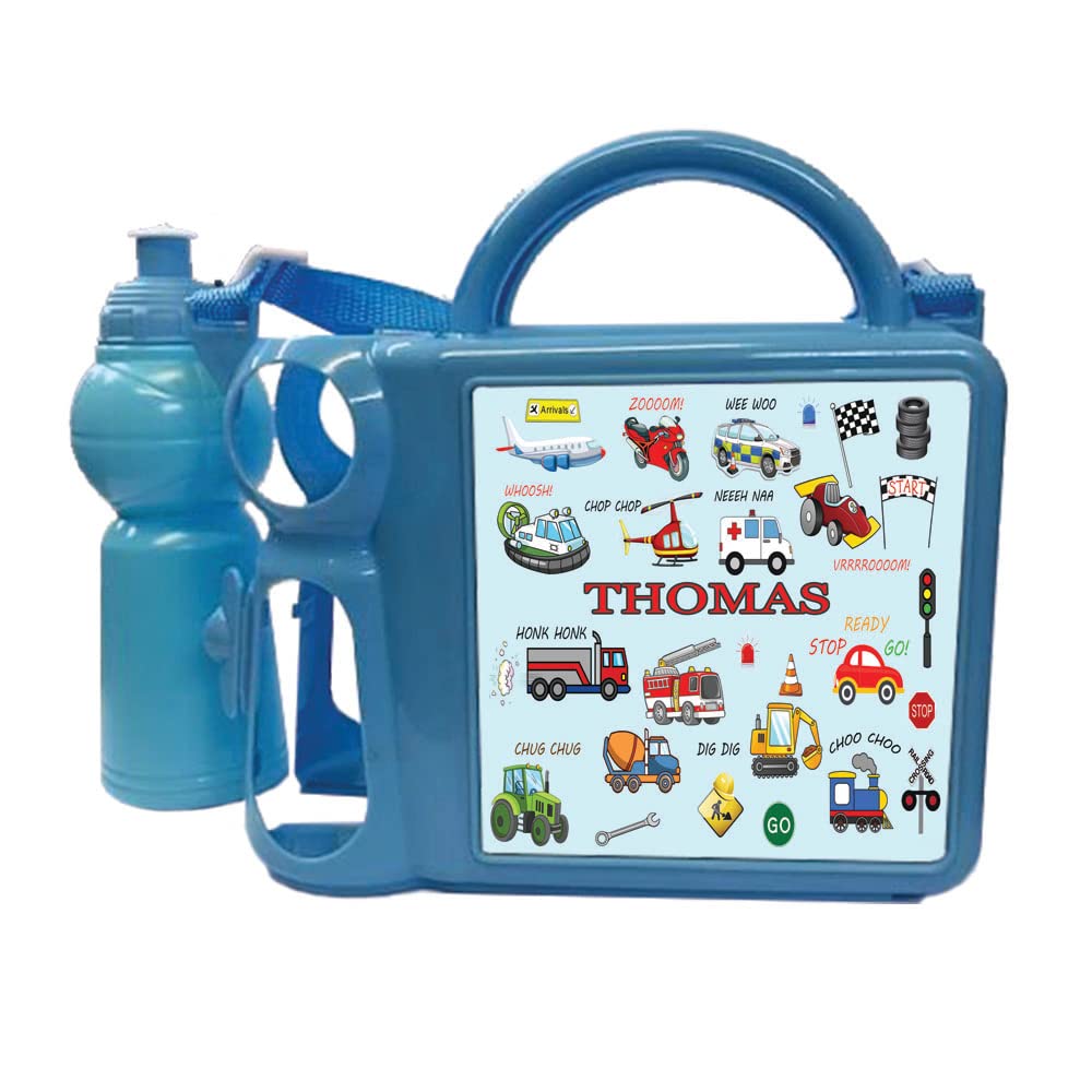 Junior Fun Cartoon Personalised Vehicles Design Plastic Lunch Box and Water Bottle Back to School Gift Set Available in Choice of 2 Colours