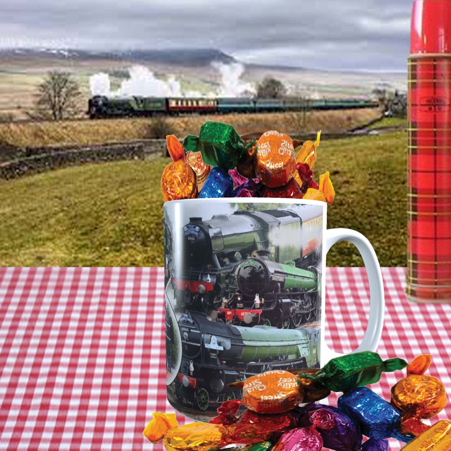 Classic Iconic Steam Locomotive Trains Mug with Choice of Sweets Gift