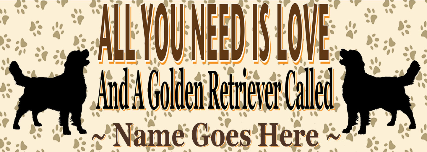 Personalised Golden Retriever Water Bottle - All You Need is Love - Silver Aluminium - Two Lids - Unisex Gift