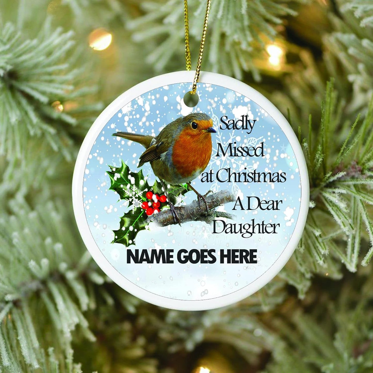 Sadly Missed Robin Remembrance Personalised Ceramic Christmas Tree Memorial Hanging Decoration,