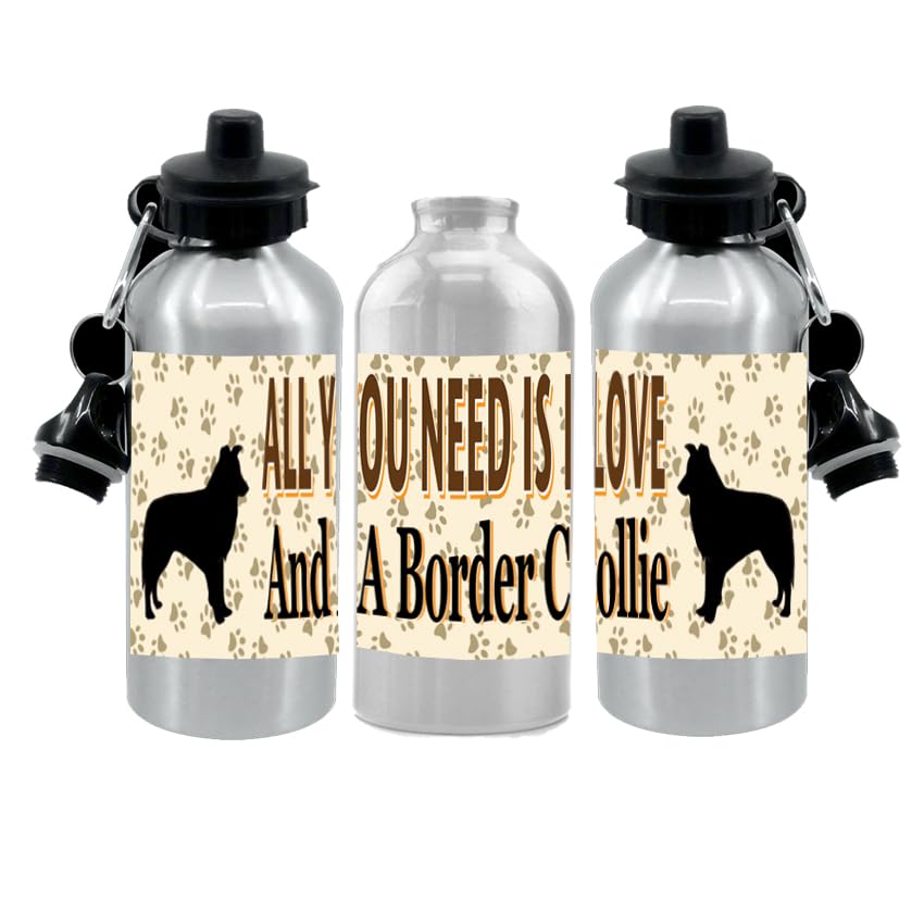 Border Collie Water Bottle - All You Need Is Love - Silver Aluminium - Two Lids - Unisex Gift