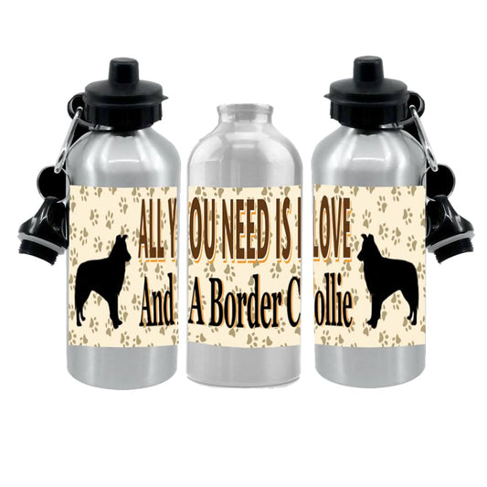 Border Collie Water Bottle - All You Need Is Love - Silver Aluminium - Two Lids - Unisex Gift