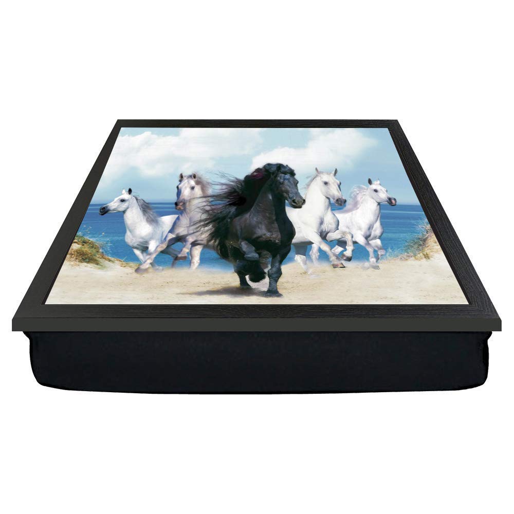 Black and White horses galloping through the sand beach scene gift lap tray