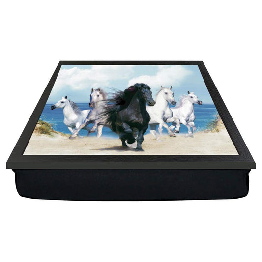 Black and White horses galloping through the sand beach scene gift lap tray