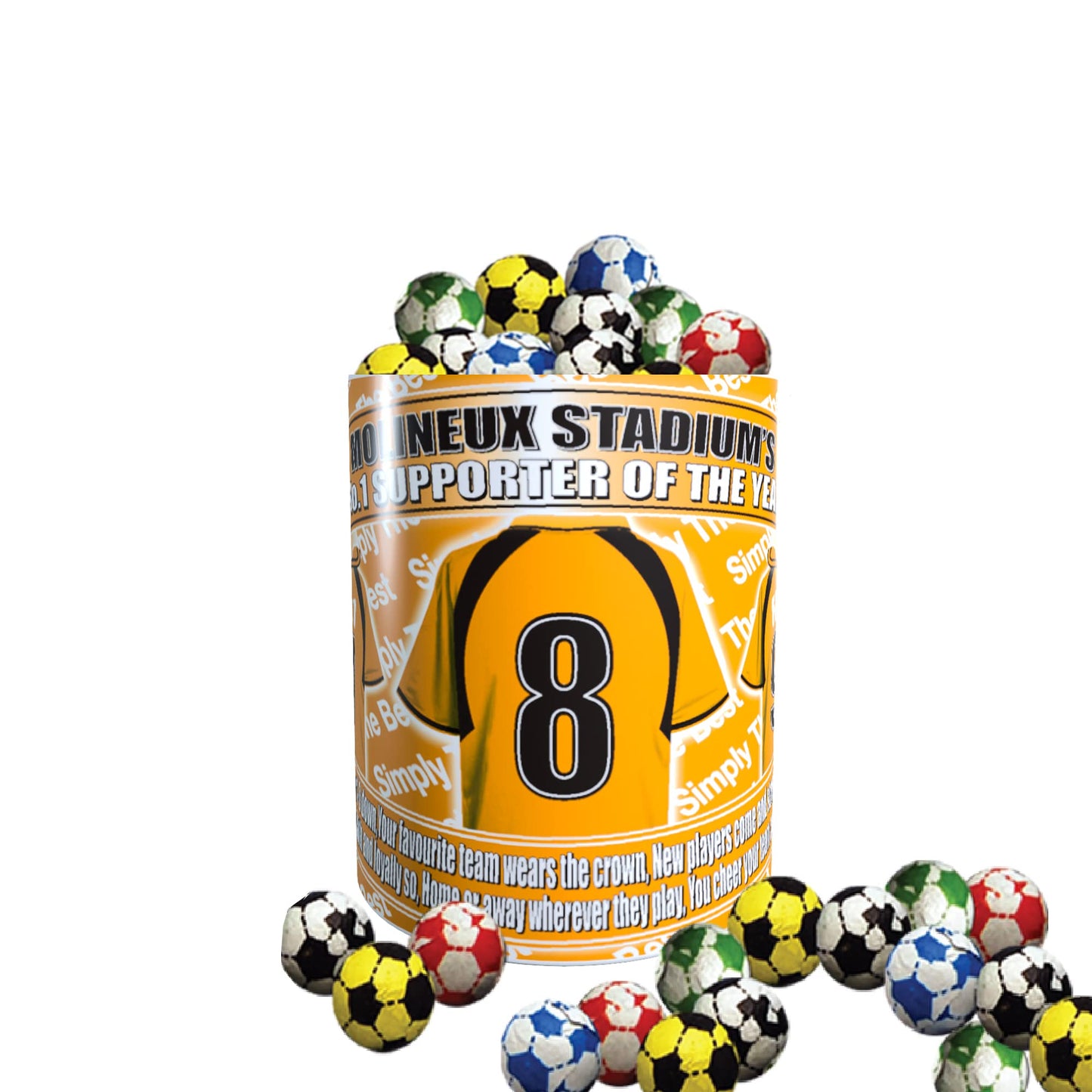 Container of small soccer balls with a visible brand logo on a white background