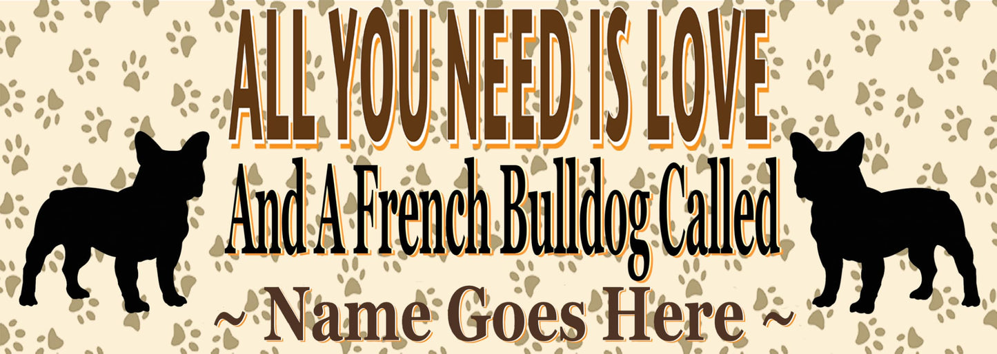 Personalised French Bulldog Water Bottle - All You Need Is Love - Silver Aluminium - Two Lids - Unisex Gift