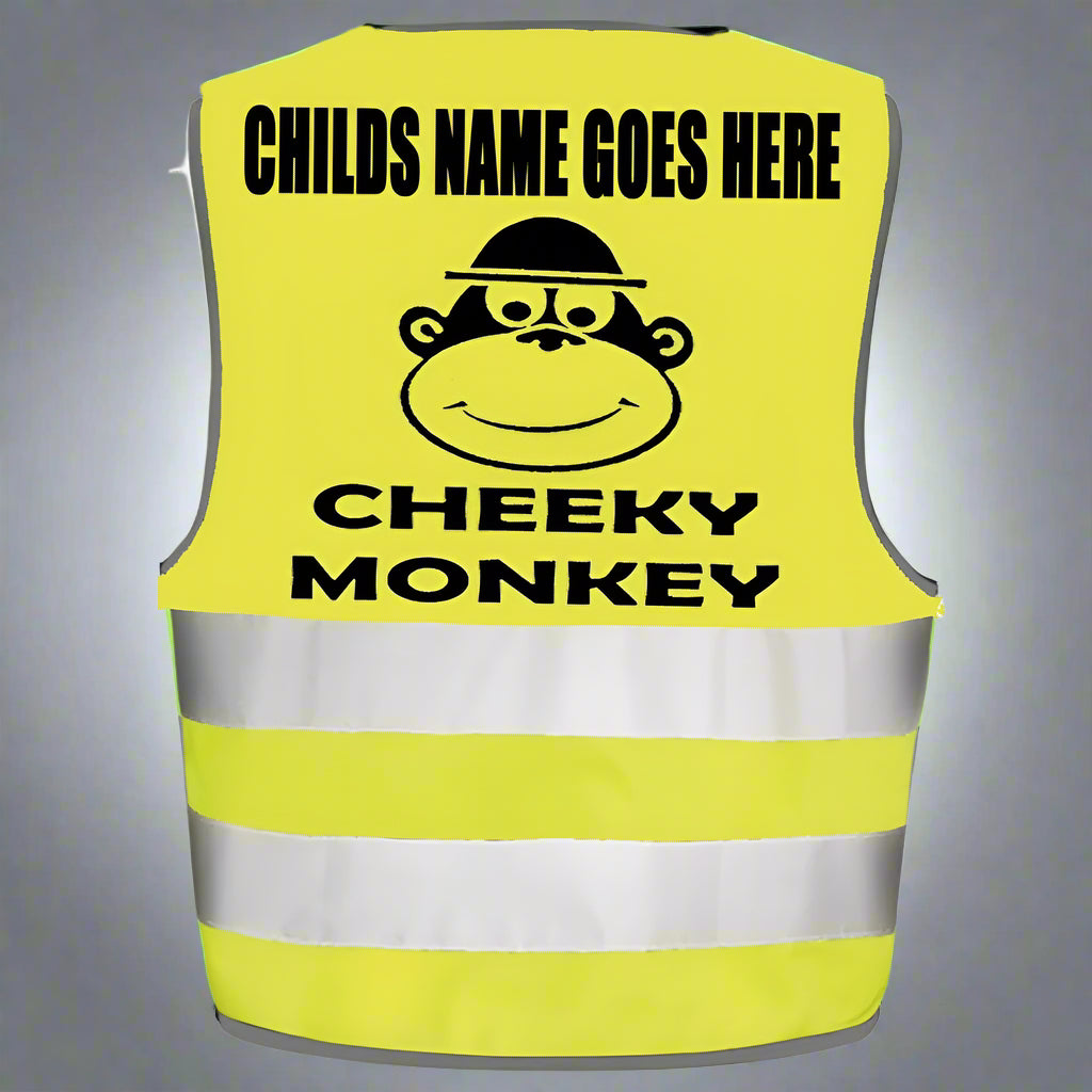 Yellow safety vest with 'Cheeky Monkey' design and customizable text on a white background