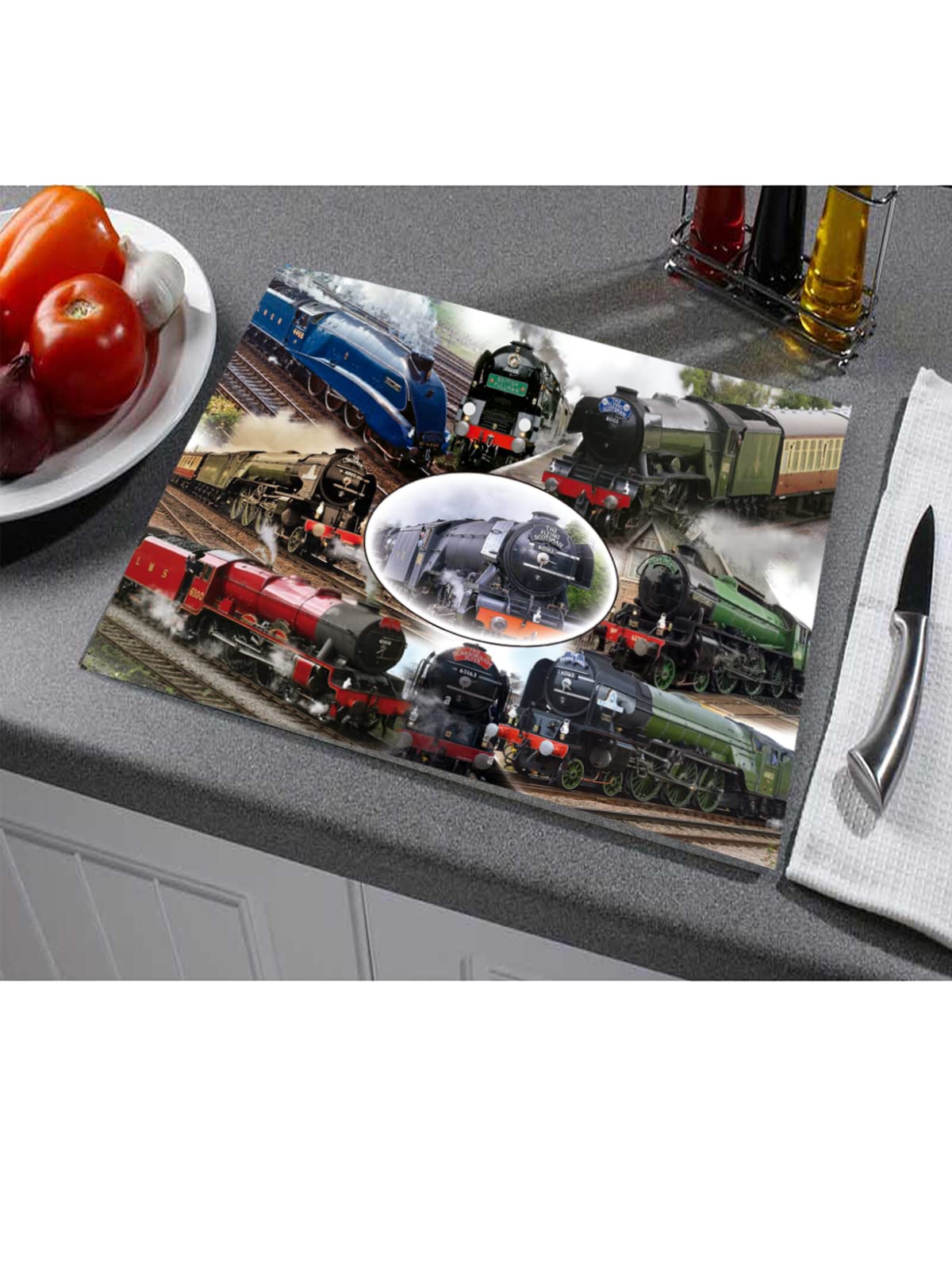Classic Steam Locomotive Train Toughened Glass Heat Resistant Worktop Saver Cutting and Chopping Board Gift
