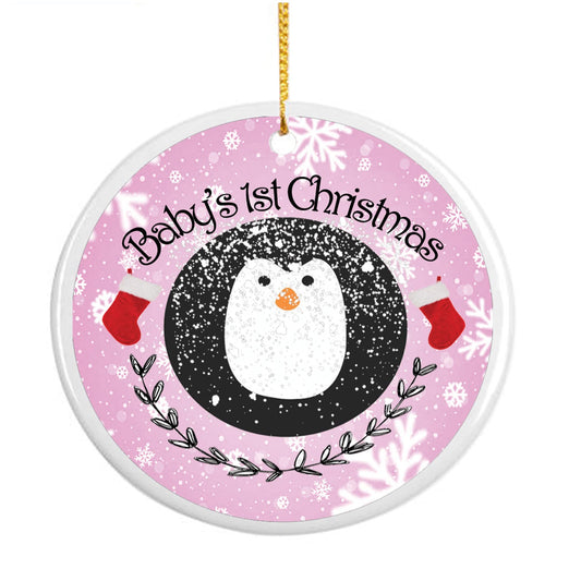Baby's First Christmas Pink Penguin Ceramic Keepsake Hanging Tree Decoration, 7 x 7cm