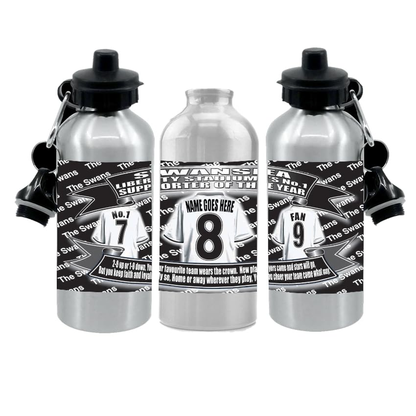 Swansea Personalised Football Shirt Silver Aluminium Two Lid Unisex Water Bottle Gift