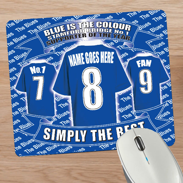 Mouse pad with blue sports jersey design and text on a wooden surface