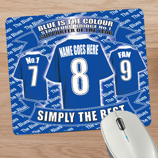 Mouse pad with blue sports jersey design and text on a wooden surface