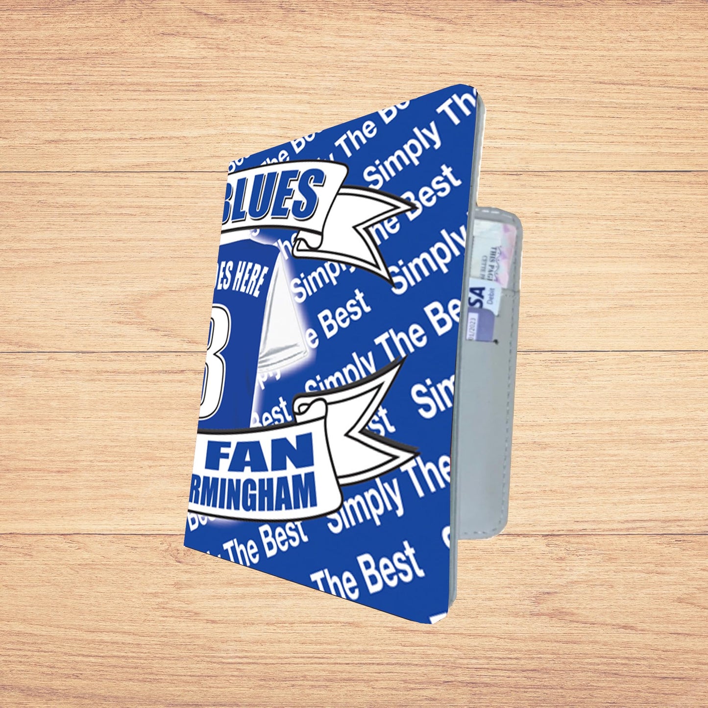 Blue and white patterned product on a wooden surface