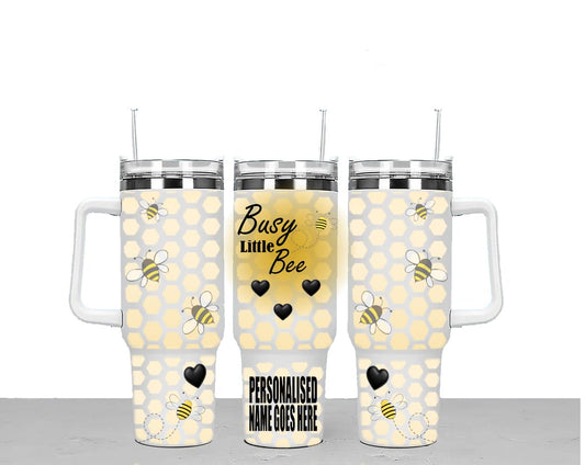 Busy Little Bee Personalised Large Unisex 40oz Stainless Steel Travel Cup Tumbler Gift with Carry Handle, Lid and Straw