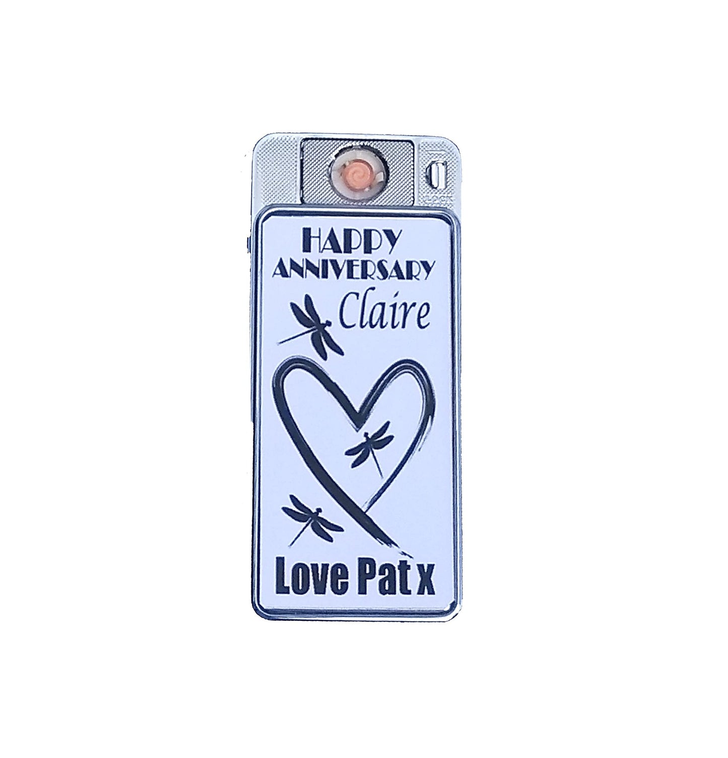 Heart & Dragonfly Any Occasion Personalised Rechargeable Gift Boxed Silver Metal USB Lighter