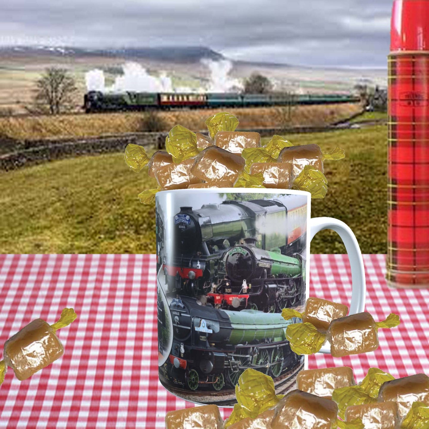 Classic Iconic Steam Locomotive Trains Mug with Choice of Sweets Gift