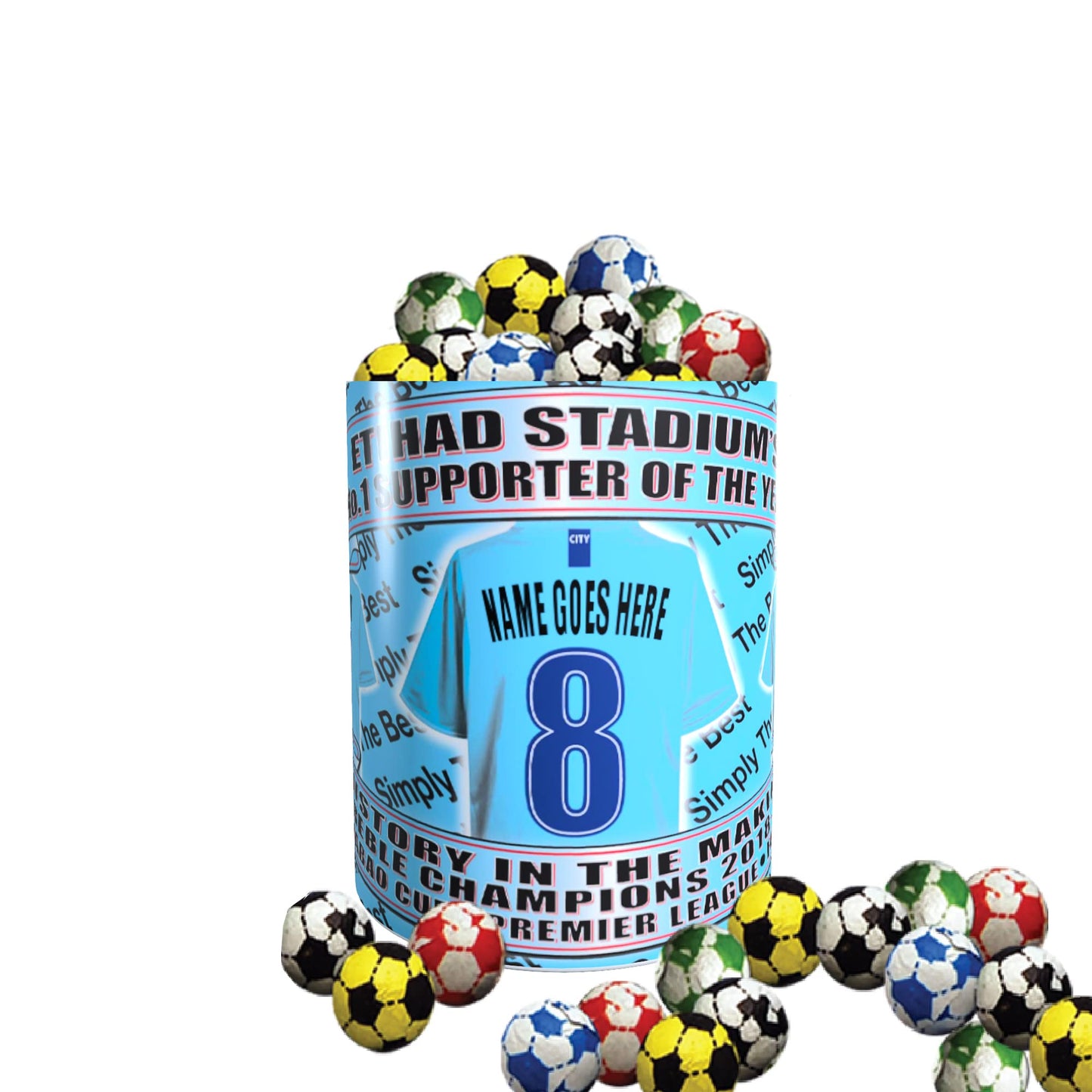Manchester Blues Football Team Shirt Personalised Mug Gift with Chocolate Footballs