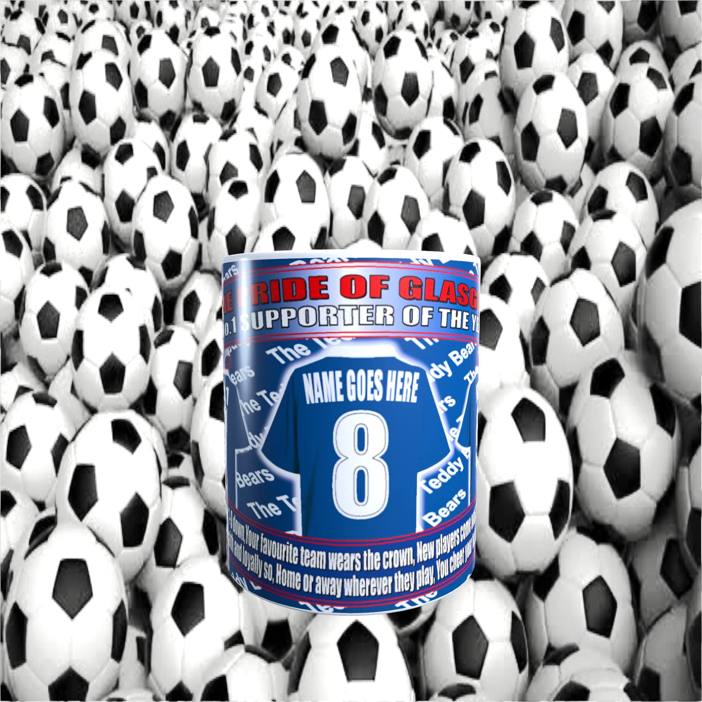 Glasgow The Teddy Bears Personalised Football Team Shirt Mug Gift with Chocolate Footballs, White