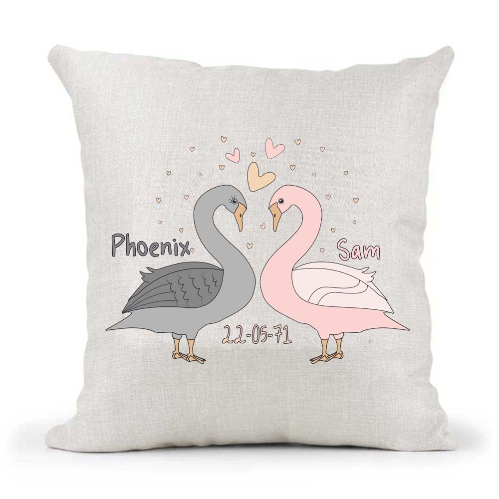Cute Male Female Non-Binary Couple Swans Valentines Day Anniversary Personalised Country Canvas Cushion Cover